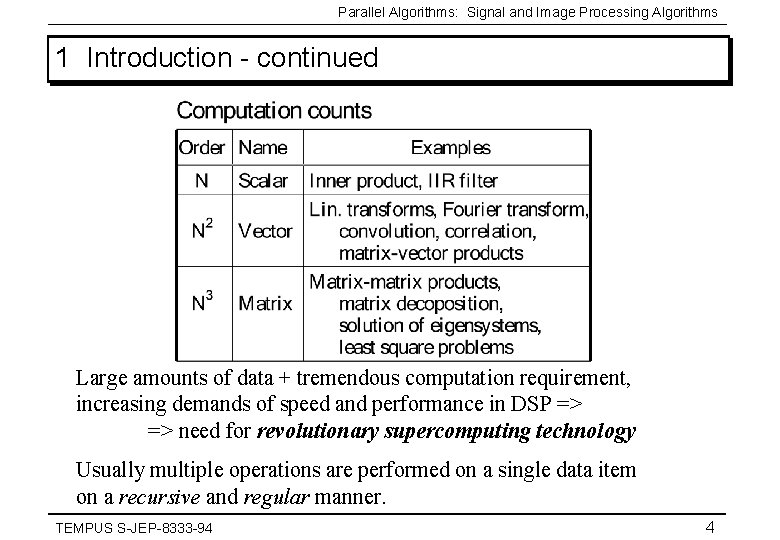 Parallel Algorithms: Signal and Image Processing Algorithms 1 Introduction - continued Large amounts of