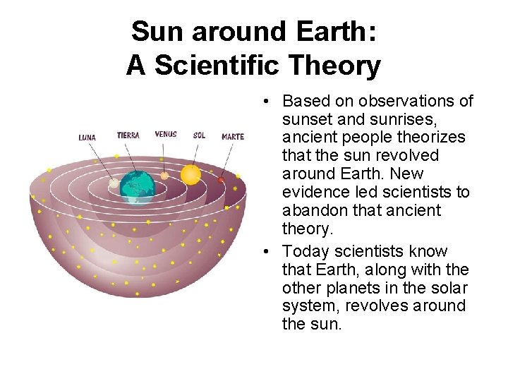 Sun around Earth: A Scientific Theory • Based on observations of sunset and sunrises,