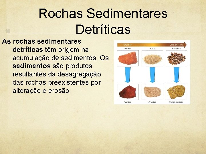 Rochas Sedimentares Detríticas As rochas sedimentares detríticas têm origem na acumulação de sedimentos. Os