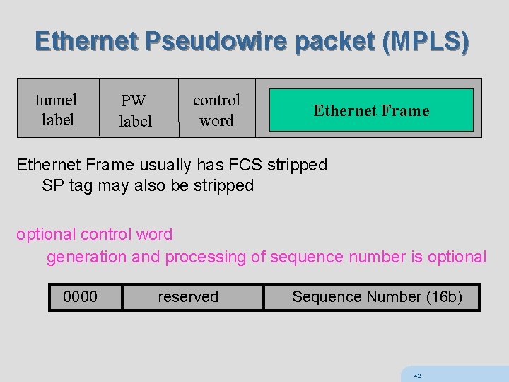 Ethernet Pseudowire packet (MPLS) tunnel label PW label control word Ethernet Frame usually has