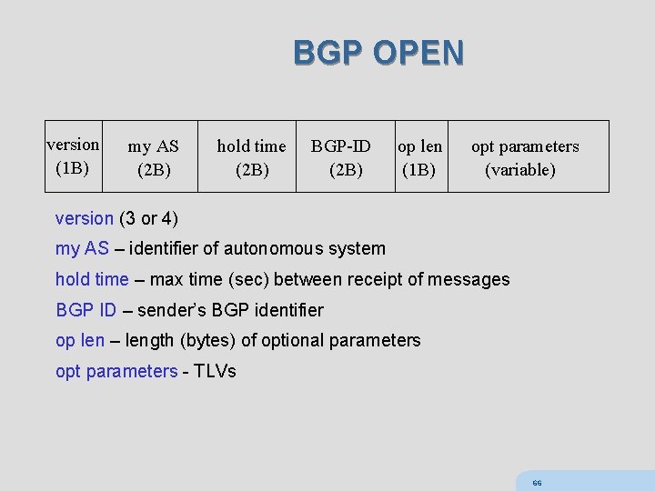 BGP OPEN version (1 B) my AS (2 B) hold time (2 B) BGP-ID