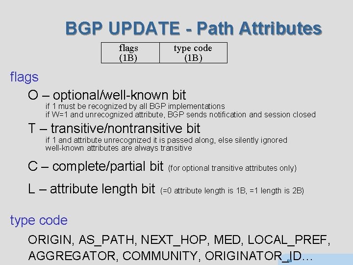 BGP UPDATE - Path Attributes flags (1 B) type code (1 B) flags O