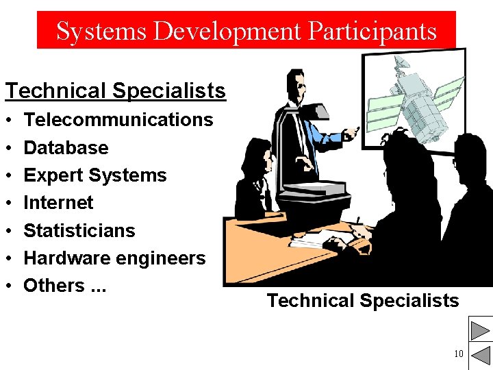 Systems Development Participants Technical Specialists • • Telecommunications Database Expert Systems Internet Statisticians Hardware Systems Development Participants Technical Specialists • • Telecommunications Database Expert Systems Internet Statisticians Hardware