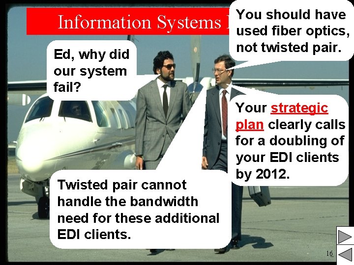 Information Systems Ed, why did our system fail? Twisted pair cannot handle the bandwidth Information Systems Ed, why did our system fail? Twisted pair cannot handle the bandwidth