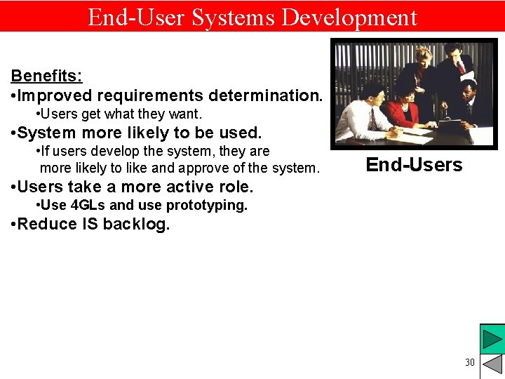 End-User Systems Development Benefits: • Improved requirements determination. • Users get what they want. End-User Systems Development Benefits: • Improved requirements determination. • Users get what they want.