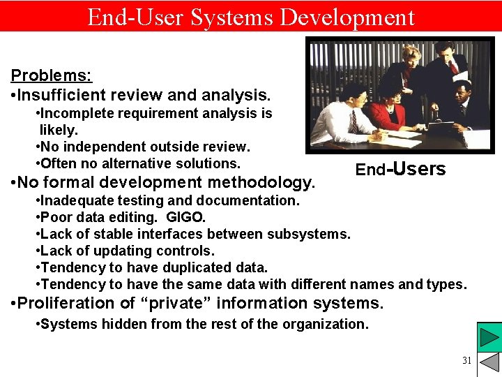 End-User Systems Development Problems: • Insufficient review and analysis. • Incomplete requirement analysis is End-User Systems Development Problems: • Insufficient review and analysis. • Incomplete requirement analysis is