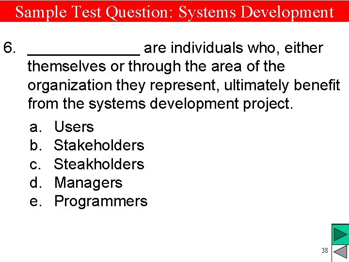 Sample Test Question: Systems Development 6. _______ are individuals who, either themselves or through Sample Test Question: Systems Development 6. _______ are individuals who, either themselves or through