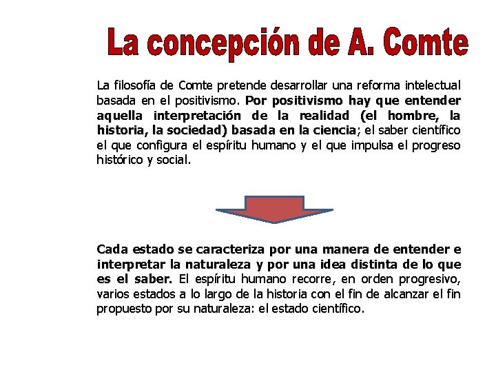 La filosofía de Comte pretende desarrollar una reforma intelectual basada en el positivismo. Por