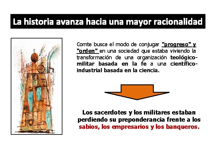 La historia avanza hacia una mayor racionalidad Comte busca el modo de conjugar "progreso"