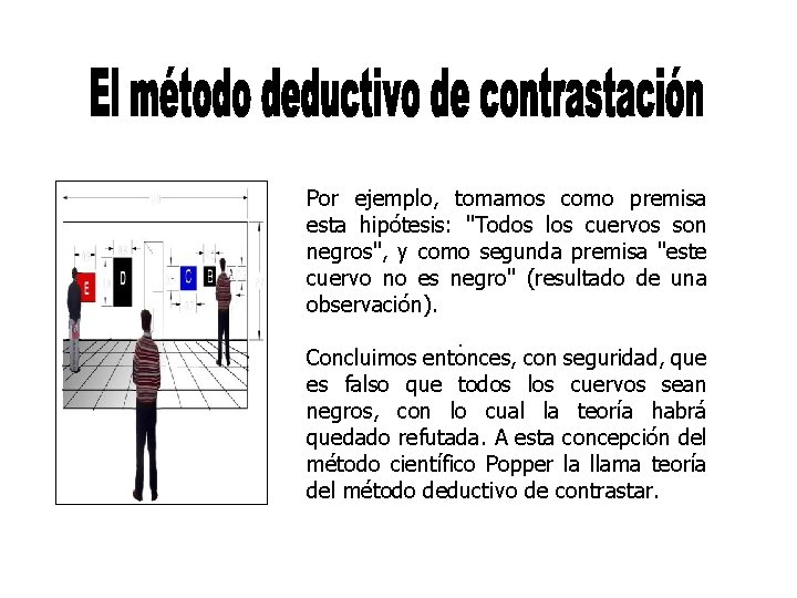 Por ejemplo, tomamos como premisa esta hipótesis: "Todos los cuervos son negros", y como