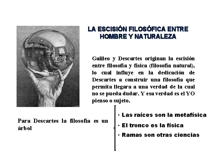 LA ESCISIÓN FILOSÓFICA ENTRE HOMBRE Y NATURALEZA Galileo y Descartes originan la escisión entre