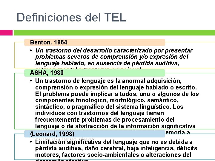 Definiciones del TEL Benton, 1964 • Un trastorno del desarrollo caracterizado por presentar problemas