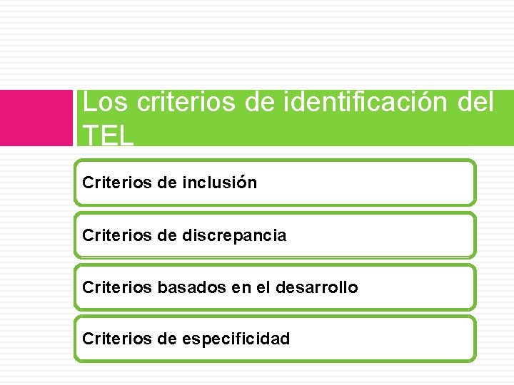 Los criterios de identificación del TEL Criterios de inclusión Criterios de discrepancia Criterios basados