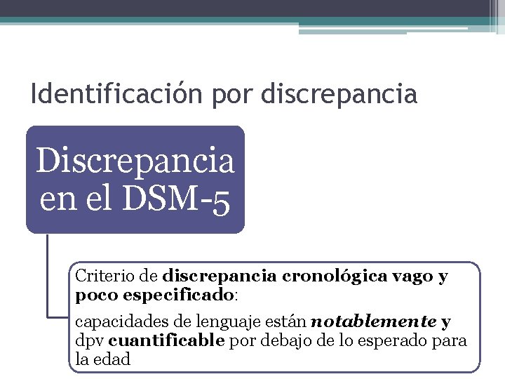 Identificación por discrepancia Discrepancia en el DSM-5 Criterio de discrepancia cronológica vago y poco