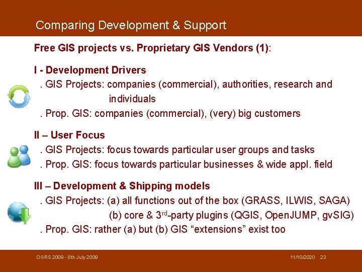 Comparing Development & Support Free GIS projects vs. Proprietary GIS Vendors (1): I -