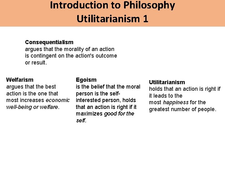 Introduction to Philosophy Utilitarianism 1 Consequentialism argues that the morality of an action is