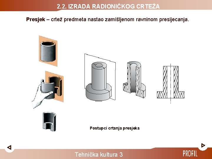 2. 2. IZRADA RADIONIČKOG CRTEŽA Presjek – crtež predmeta nastao zamišljenom ravninom presijecanja. Postupci