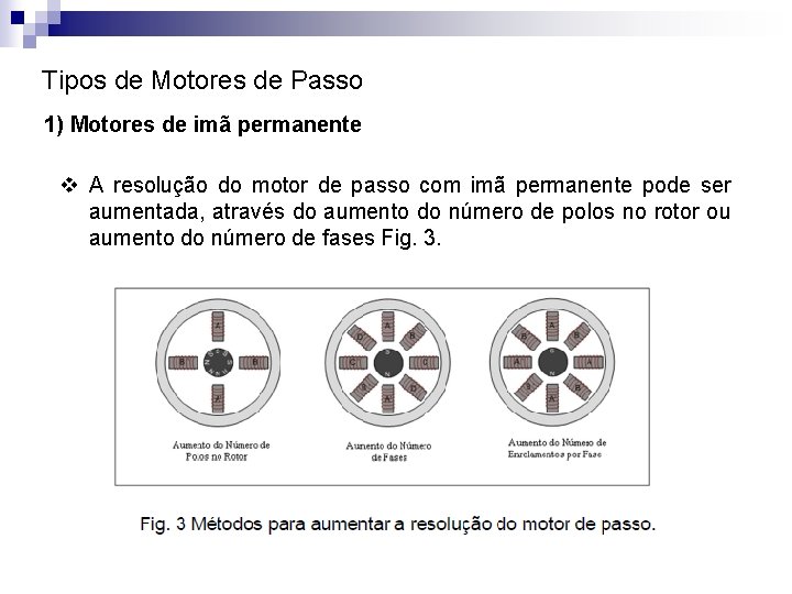 Tipos de Motores de Passo 1) Motores de imã permanente v A resolução do