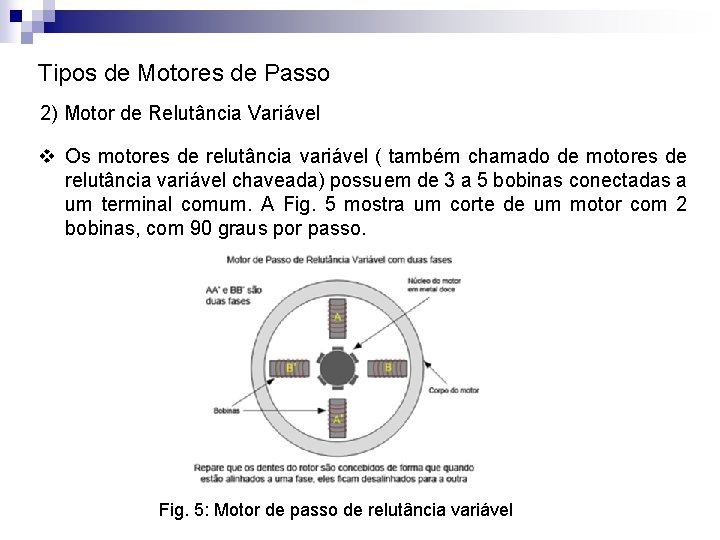 Tipos de Motores de Passo 2) Motor de Relutância Variável v Os motores de