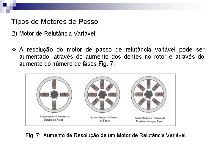 Tipos de Motores de Passo 2) Motor de Relutância Variável v A resolução do