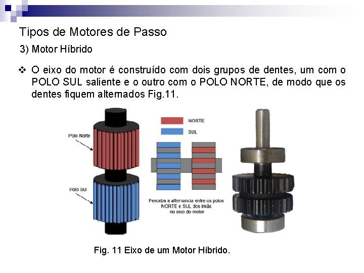 Tipos de Motores de Passo 3) Motor Híbrido v O eixo do motor é