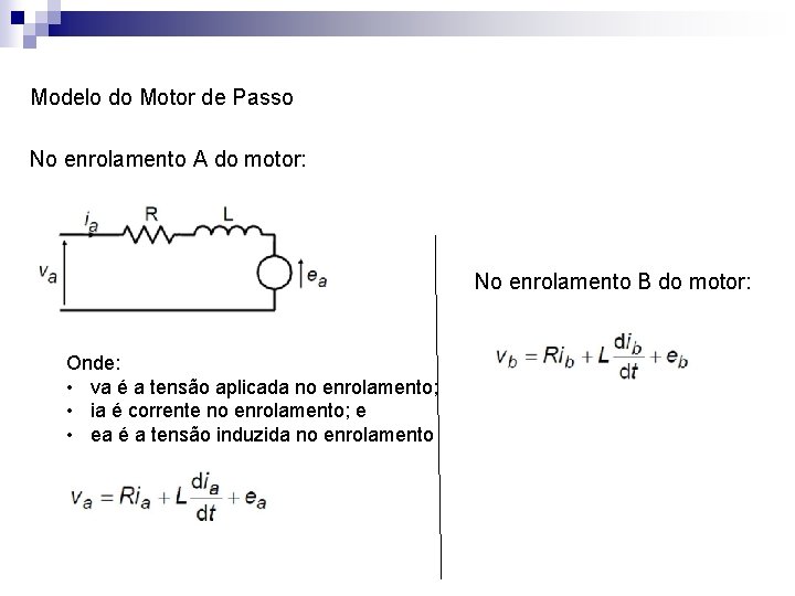 Modelo do Motor de Passo No enrolamento A do motor: No enrolamento B do