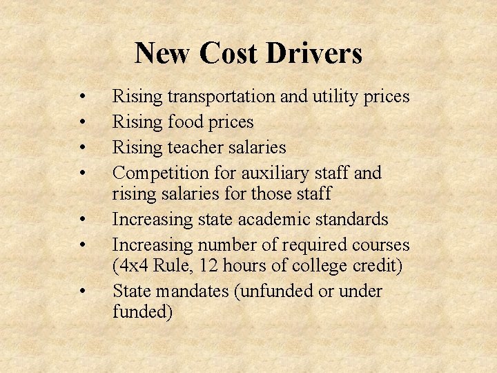 New Cost Drivers • • Rising transportation and utility prices Rising food prices Rising