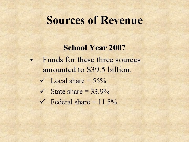 Sources of Revenue • School Year 2007 Funds for these three sources amounted to