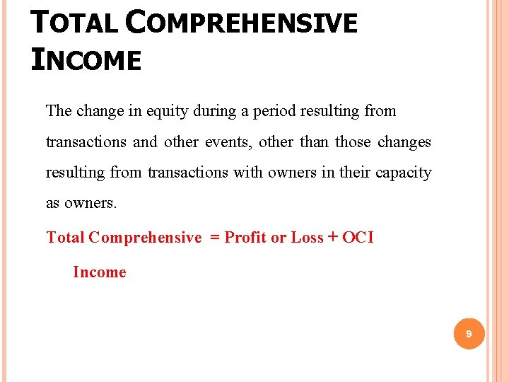 TOTAL COMPREHENSIVE INCOME The change in equity during a period resulting from transactions and