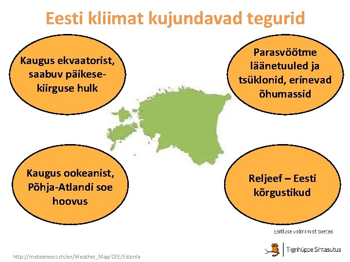 Eesti kliimat kujundavad tegurid Kaugus ekvaatorist, saabuv päikesekiirguse hulk Parasvöötme läänetuuled ja tsüklonid, erinevad