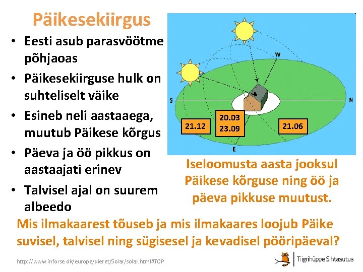 Päikesekiirgus • Eesti asub parasvöötme põhjaoas • Päikesekiirguse hulk on suhteliselt väike • Esineb
