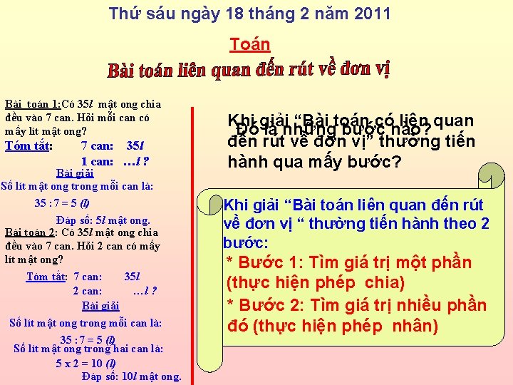 Thứ sáu ngày 18 tháng 2 năm 2011 Toán Bài toán 1: Có 35