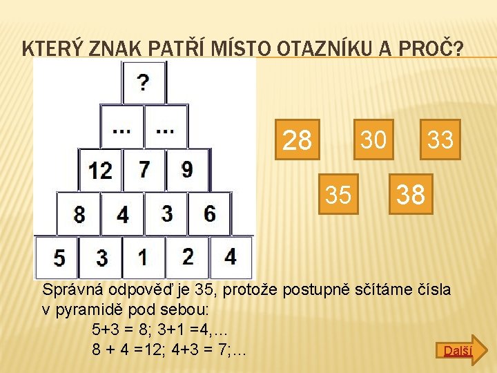 KTERÝ ZNAK PATŘÍ MÍSTO OTAZNÍKU A PROČ? 28 30 35 33 38 Správná odpověď