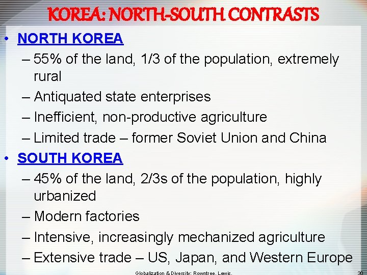 KOREA: NORTH-SOUTH CONTRASTS • NORTH KOREA – 55% of the land, 1/3 of the