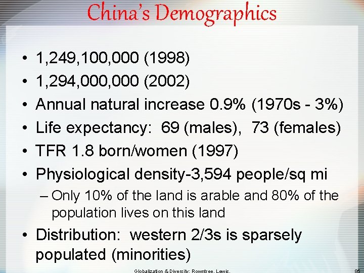 China’s Demographics • • • 1, 249, 100, 000 (1998) 1, 294, 000 (2002)