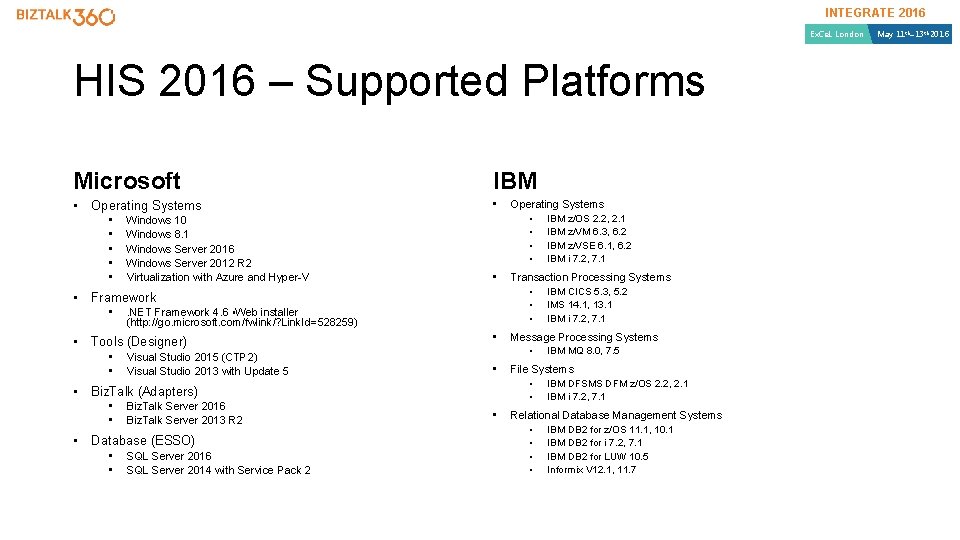 INTEGRATE 2016 Ex. Ce. L London HIS 2016 – Supported Platforms Microsoft IBM • INTEGRATE 2016 Ex. Ce. L London HIS 2016 – Supported Platforms Microsoft IBM •