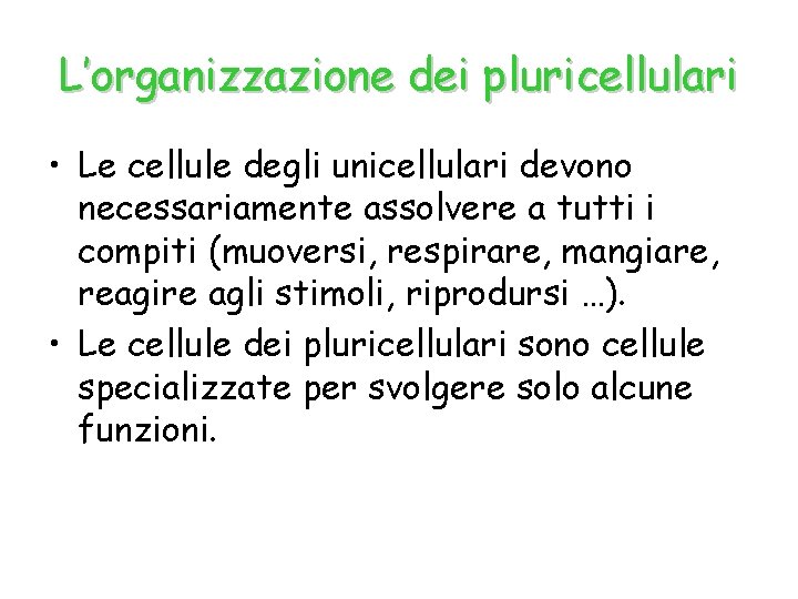 L’organizzazione dei pluricellulari • Le cellule degli unicellulari devono necessariamente assolvere a tutti i