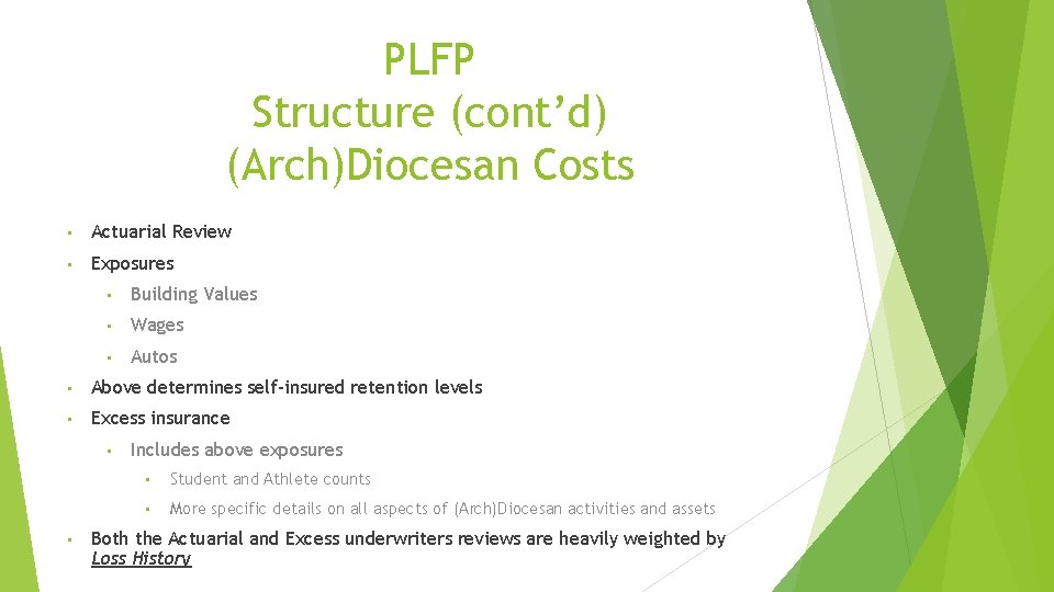 PLFP Structure (cont’d) (Arch)Diocesan Costs • Actuarial Review • Exposures • Building Values •