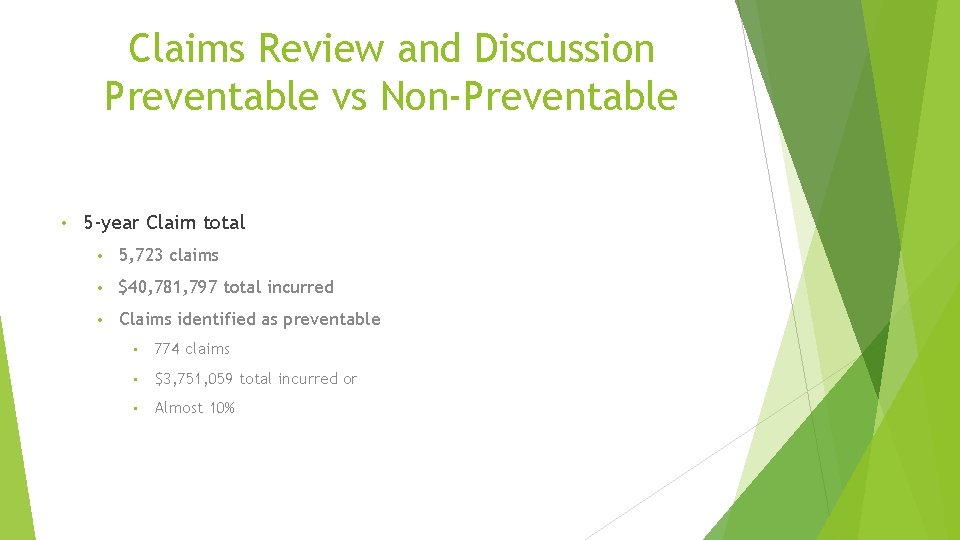 Claims Review and Discussion Preventable vs Non-Preventable • 5 -year Claim total • 5,