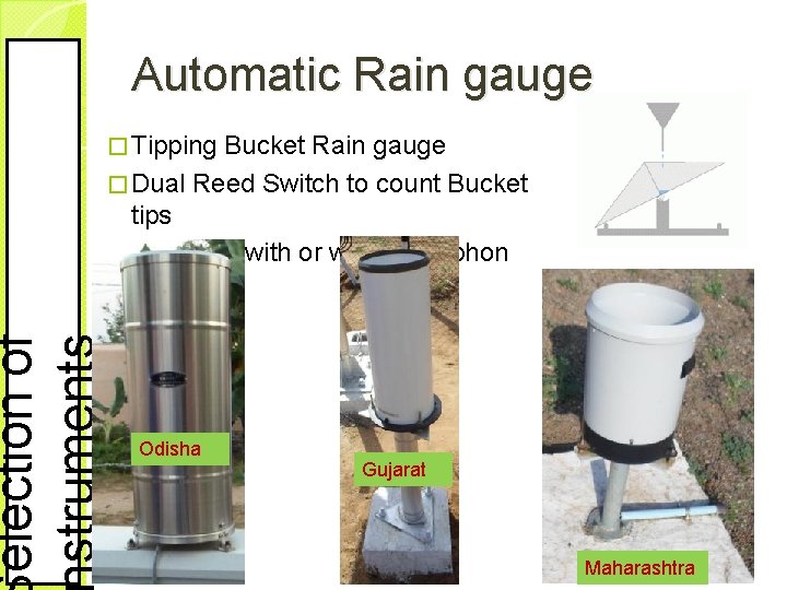 election of struments Automatic Rain gauge � Tipping Bucket Rain gauge � Dual Reed