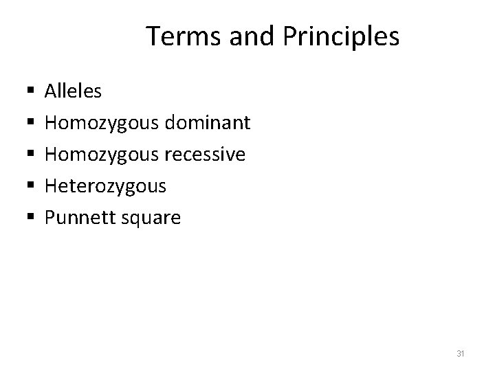 Terms and Principles § § § Alleles Homozygous dominant Homozygous recessive Heterozygous Punnett square