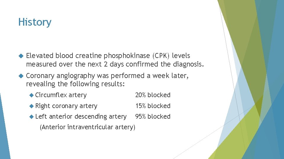 History Elevated blood creatine phosphokinase (CPK) levels measured over the next 2 days confirmed