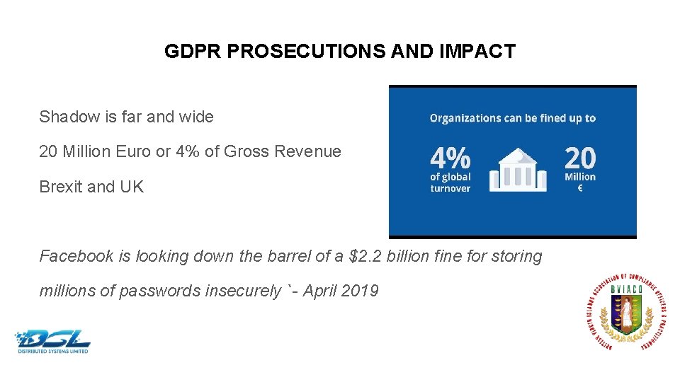 GDPR PROSECUTIONS AND IMPACT Shadow is far and wide 20 Million Euro or 4%