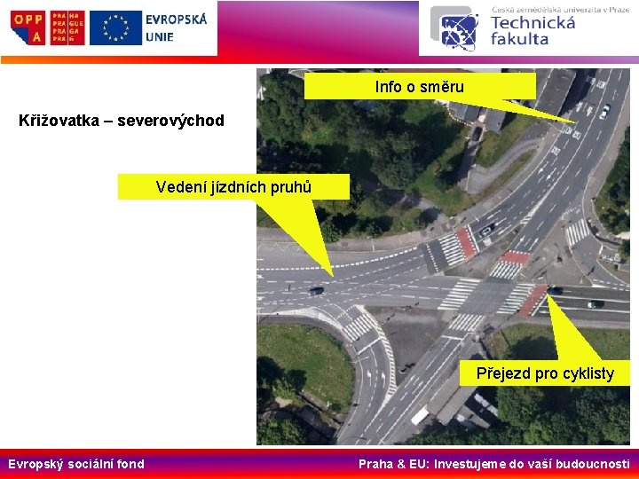 XXX Info o směru Křižovatka – severovýchod Vedení jízdních pruhů Přejezd pro cyklisty Evropský