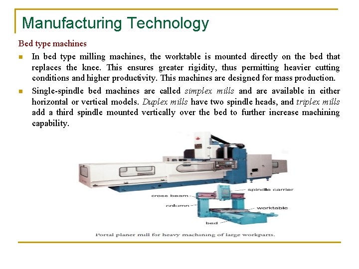 Manufacturing Technology Bed type machines n In bed type milling machines, the worktable is