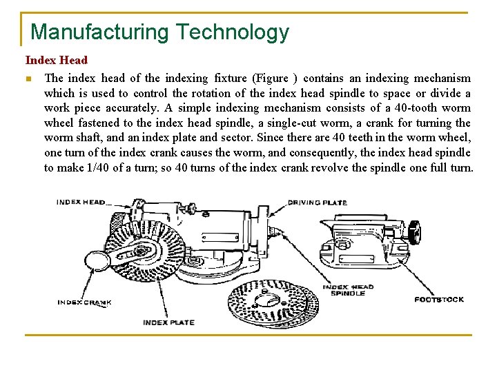 Manufacturing Technology Index Head n The index head of the indexing fixture (Figure )