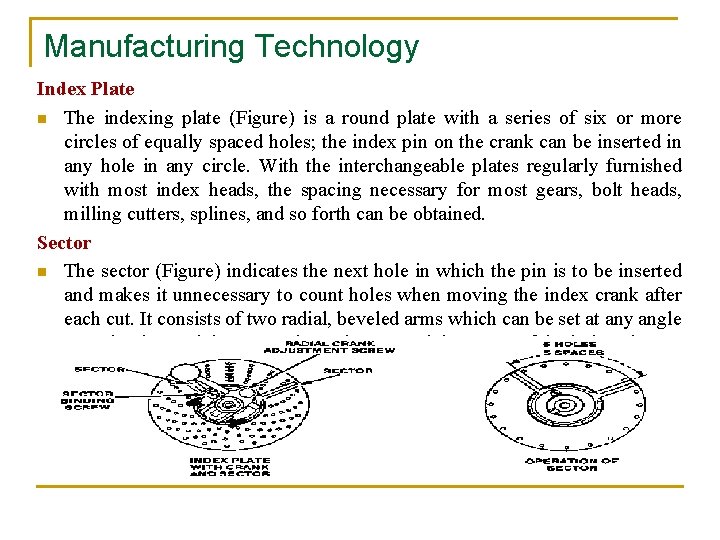 Manufacturing Technology Index Plate n The indexing plate (Figure) is a round plate with