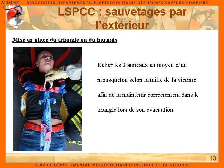 LSPCC : sauvetages par l’extérieur Mise en place du triangle ou du harnais Relier