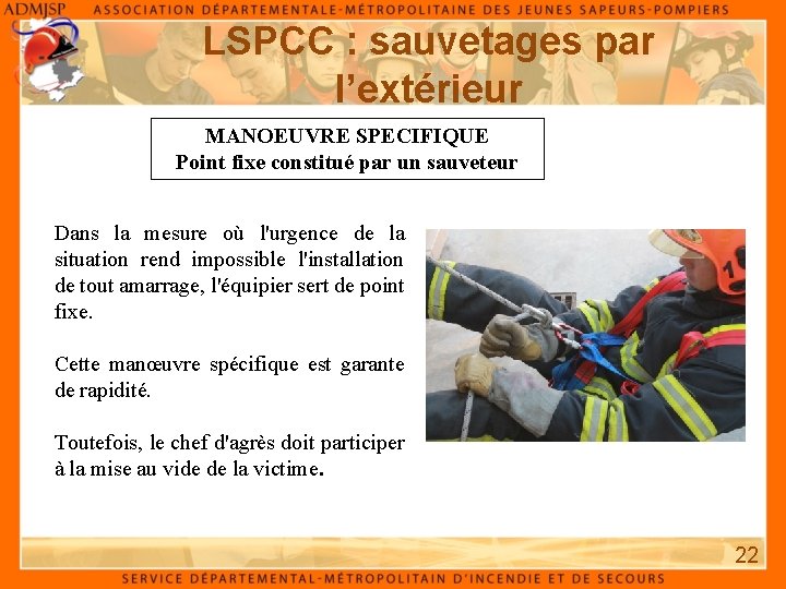 LSPCC : sauvetages par l’extérieur MANOEUVRE SPECIFIQUE Point fixe constitué par un sauveteur Dans