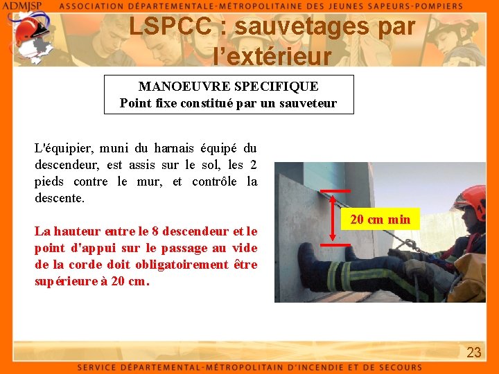 LSPCC : sauvetages par l’extérieur MANOEUVRE SPECIFIQUE Point fixe constitué par un sauveteur L'équipier,